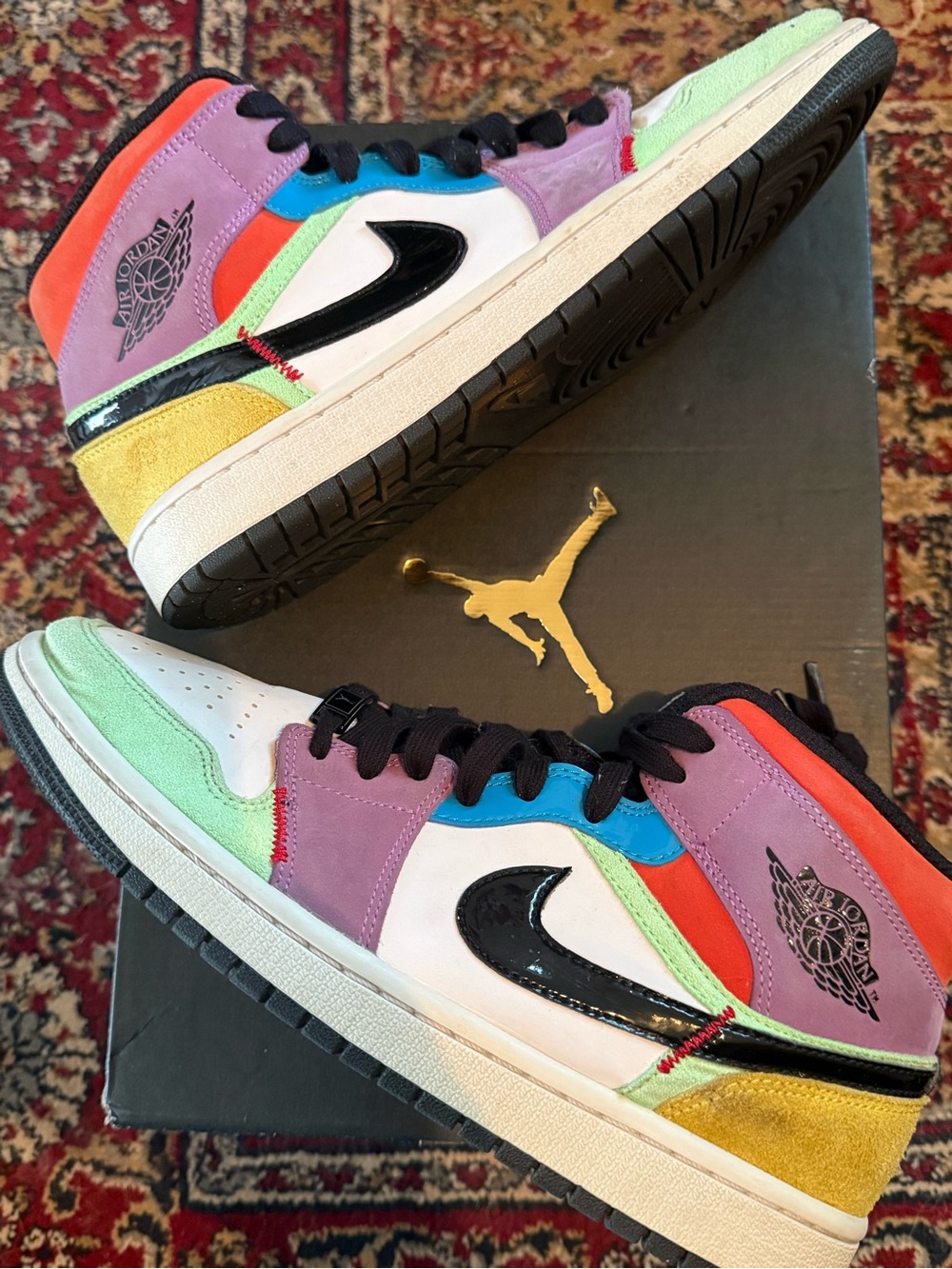 Jordan 1 Mid SE Multi-Color Mid-Top Sneakers with Black Patent Swoosh